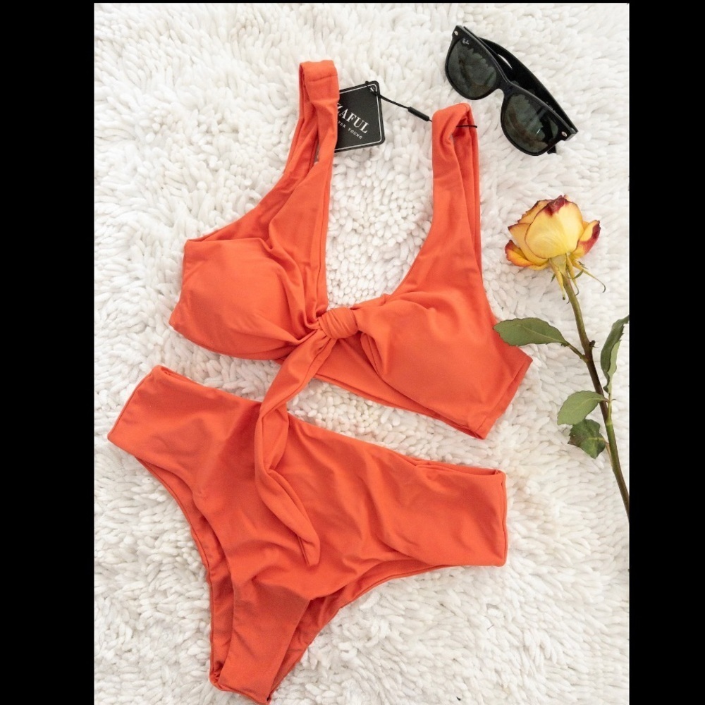 ZAFUL Tie Front Padded Bikini Set - Orange